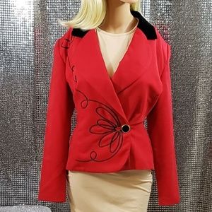 Red + Black Embroidery Jacket/Blazer Velvet Collar